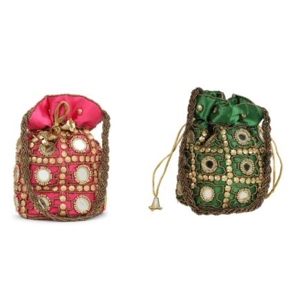 Combo - Designer Embroidered Potli Bag - Red & Gold