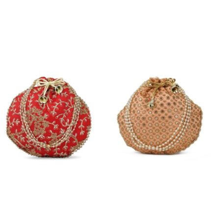 Combo - Designer Embroidered Potli Bag - Red & Beige