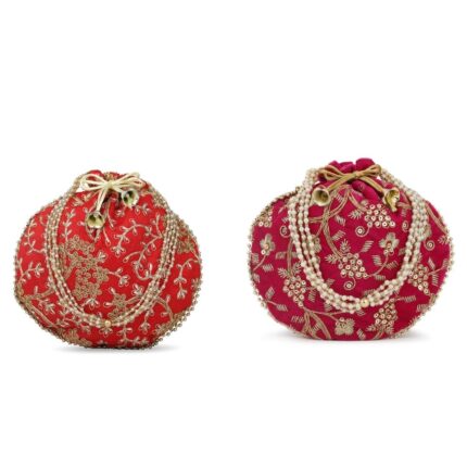 Combo - Designer Embroidered Potli Bag - Red & Pink