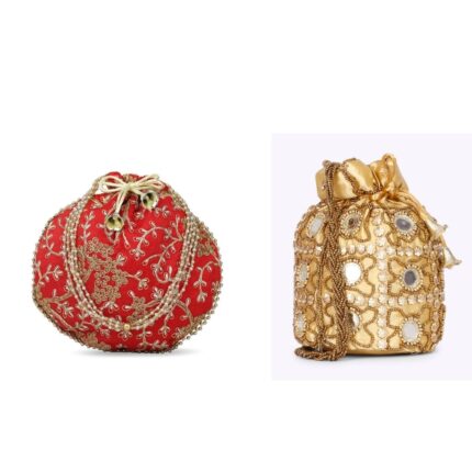 Combo - Designer Embroidered Potli Bag - Red & Gold