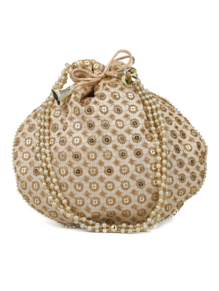 Designered Embroidered Silk Potli Bag silk Potli Beg (Golden)