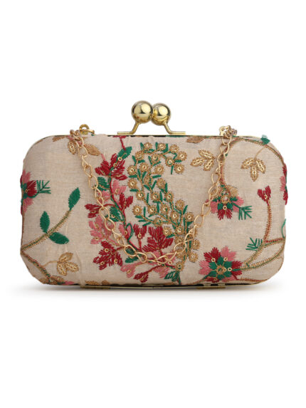 Off White & Gold Embroidered Box Clutches For Girls and womens(Multicolor)